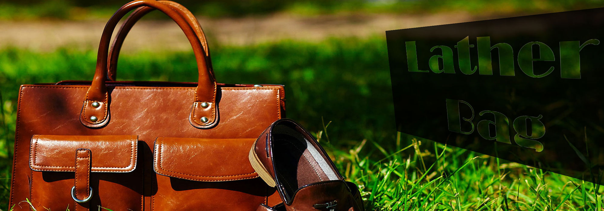 retro-brown-shoes-man-leather-bag-bright-colorful-summer-grass-park